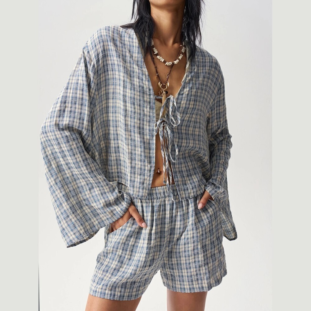 Blue Plaid Tie Front Long Sleeve Top and Shorts Set